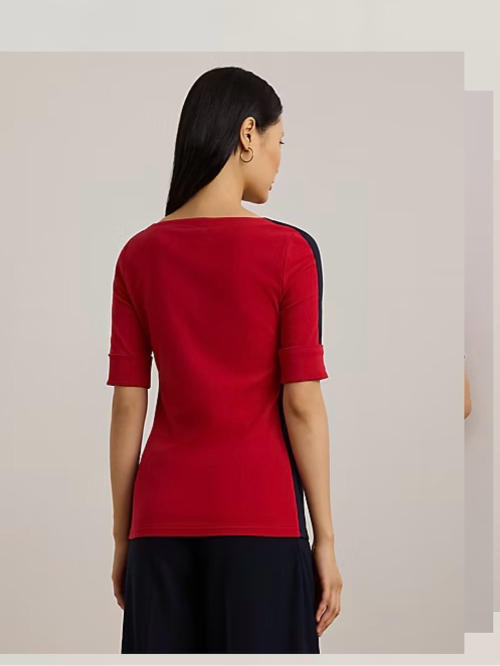 Lauren Ralph Lauren Two-Tone Stretch Cotton Elbow-Sleeve Tee. Sz L - Picture 3 of 11
